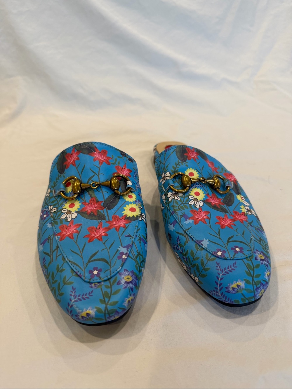 Gucci Blue Floral Horsebit Mules